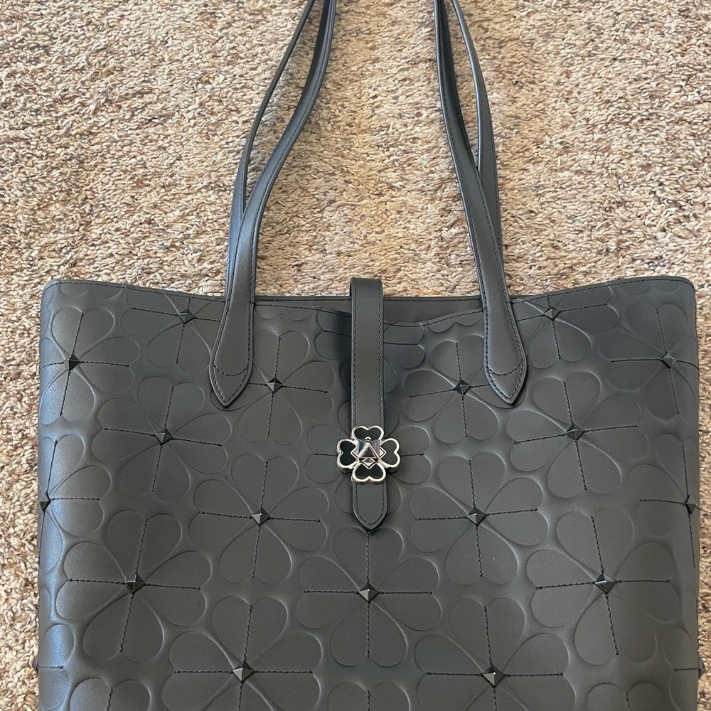 Kate Spade Black Studded Embossed Four Leaf Clover  Tote Bag Purse